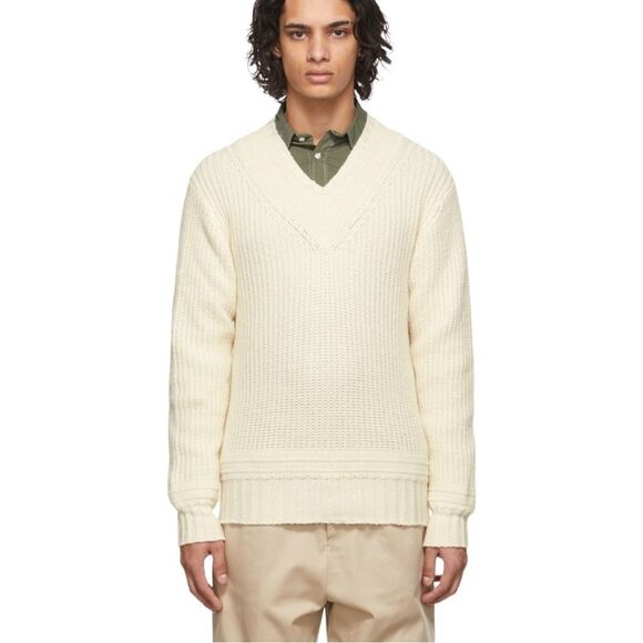 NEW Officine Generale Cream Gino V Neck Wool Blend Sweater Size L Made in Italy - Picture 1 of 8